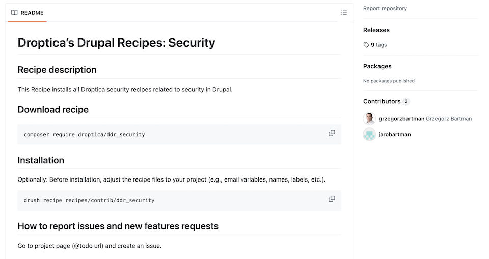 Screenshot of Droptica's profile on GitHub, where the DDR Security Recipe is available for download.