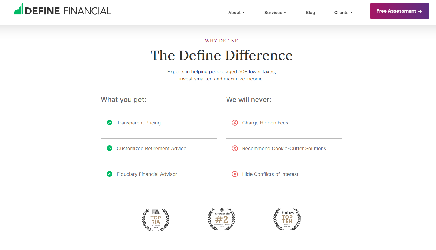 On the home page of the Define Financial website, customers can find advantages of its services