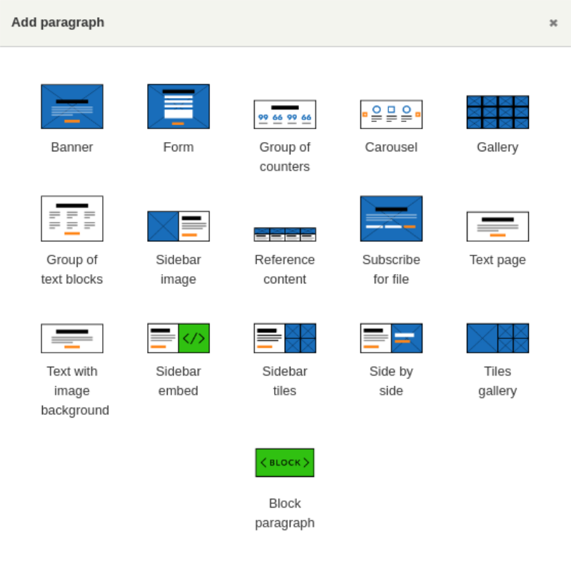 Types of paragraphs in Droopler, a free Drupal distribution