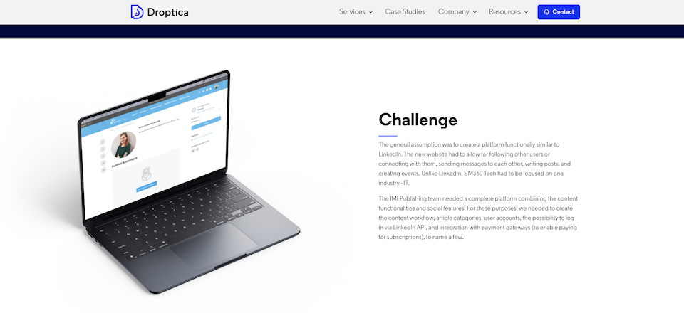 A brand new website displayed on a laptop screen, showing a web development case study by Droptica.