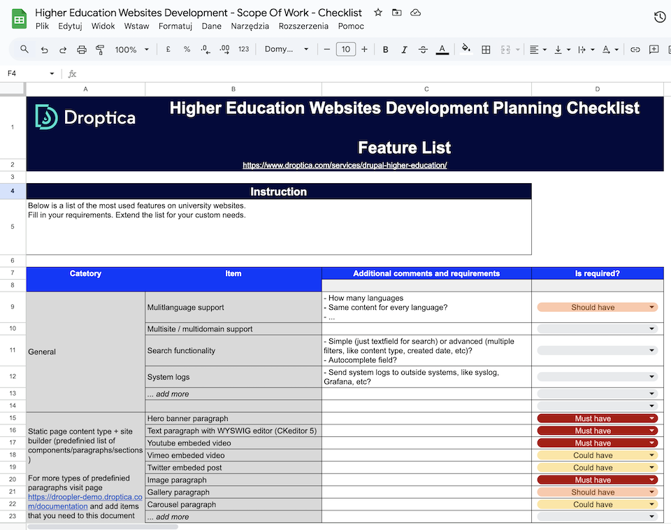 Checklist with feature list created by Droptica for building websites for higher education institutions.