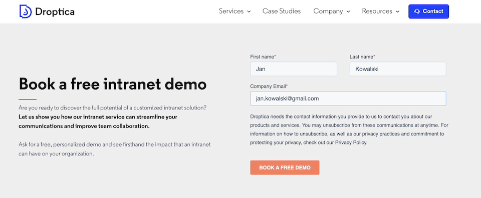 An example of a simple short contact form placed in a CMS for marketing and sales.