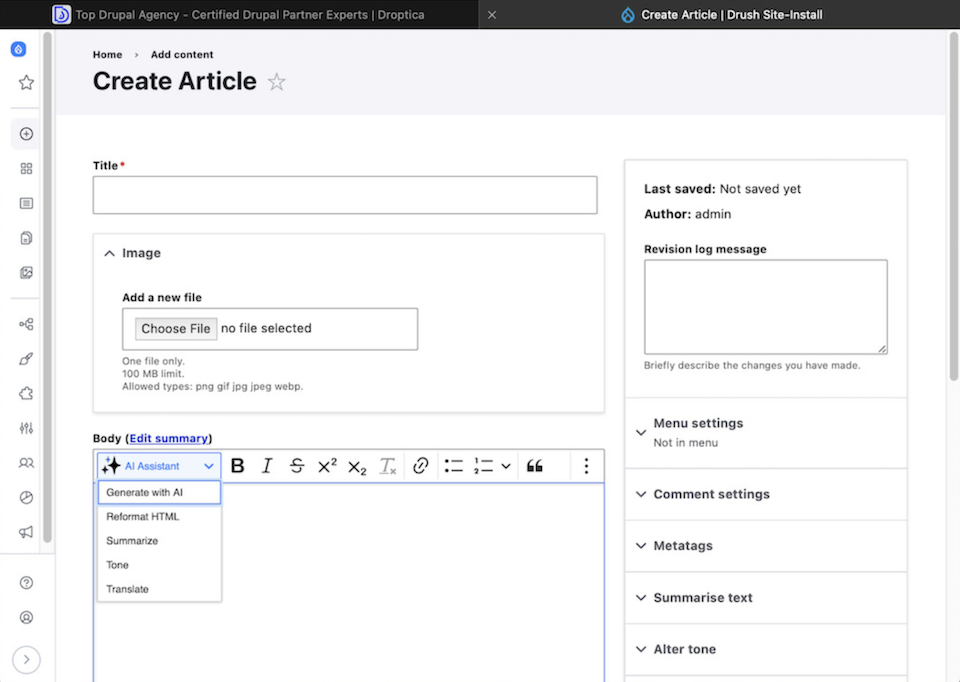 An example of an AI assistant in Drupal that helps translate or generate content for a web page.