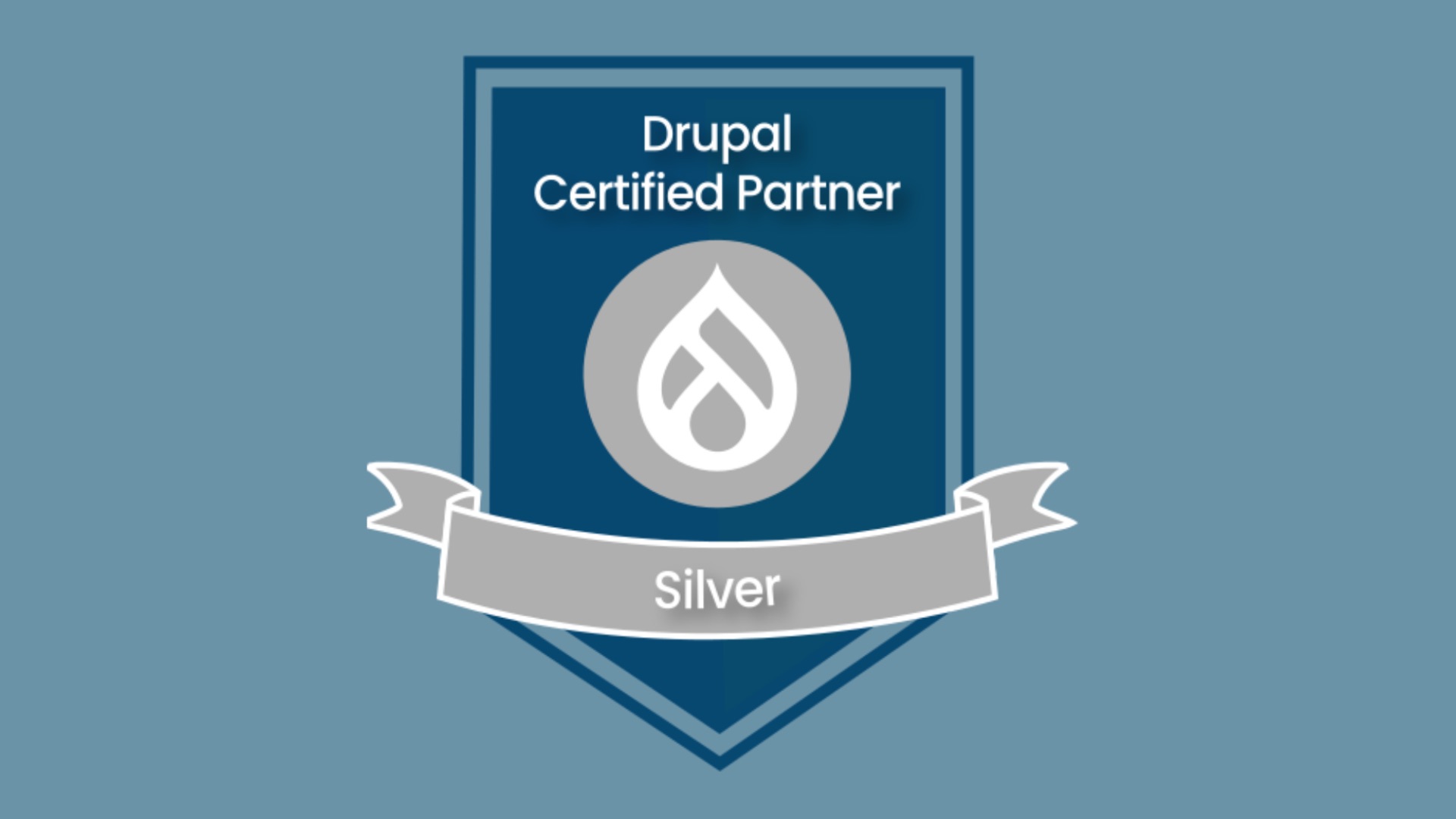 A badge of Silver Drupal Certified Parter confirming that the company follows high standards in Drupal support and development