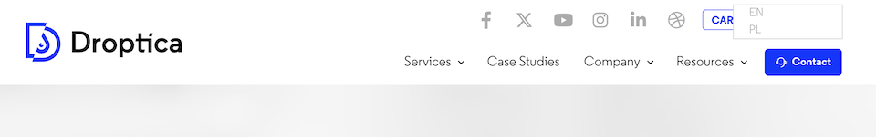 A view of the language switcher on the Droptica website for two languages - Polish, native language, and English.