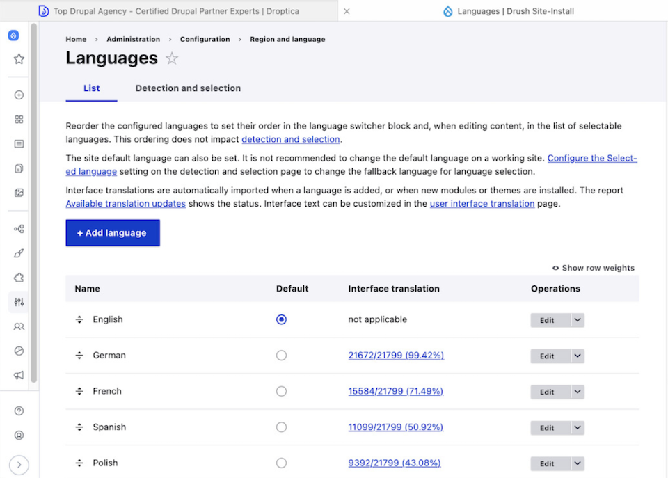 Section view in Drupal for configuring multiple language settings on a website.