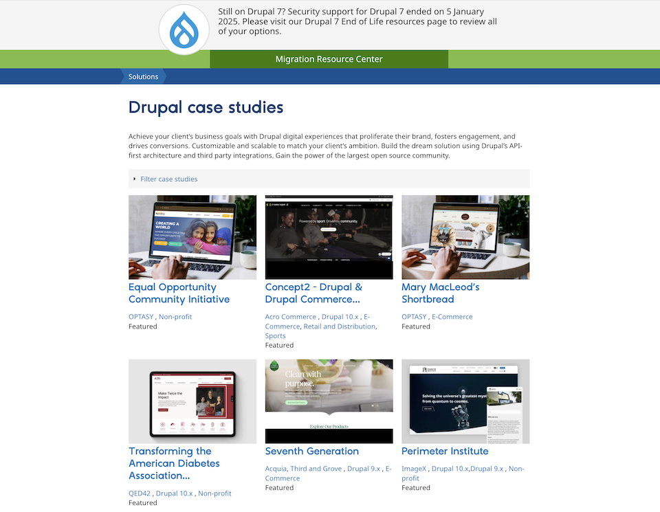 Example of a section with case studies with CMS implementations presented on Drupal.org.