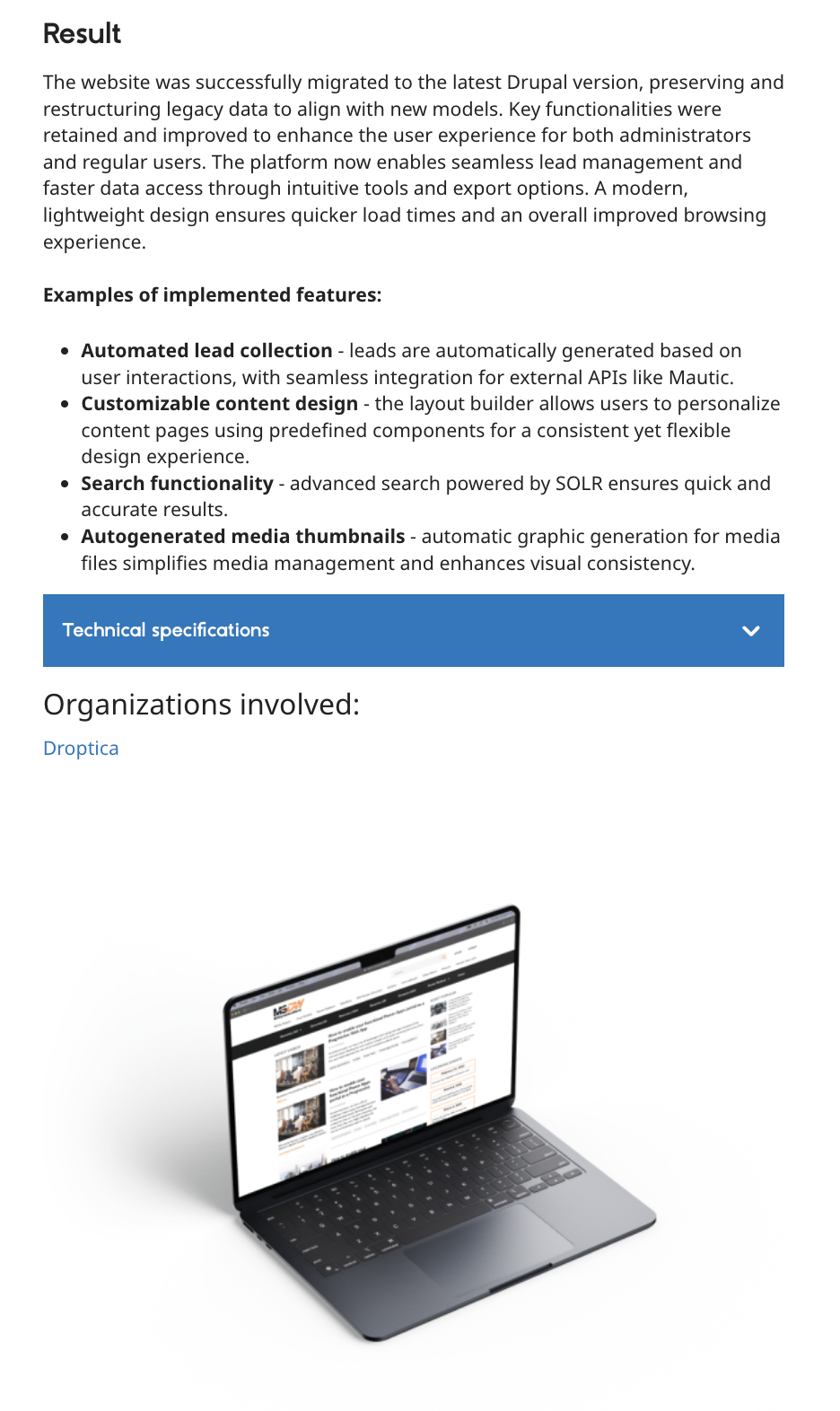 Example of a website migration case study developed by Droptica and presented on Drupal.org.