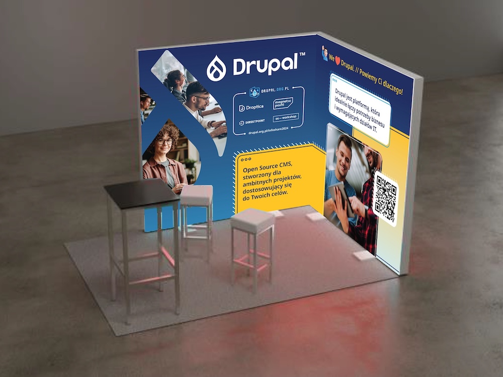 Visualization of the booth of the DrupalOrgPL initiative, which will be present at Infoshare 2024.