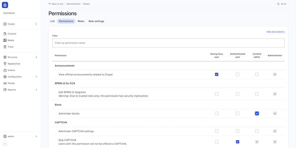 Example of role and permission settings for CMS users in Drupal, ultimately allowing for brand consistency.