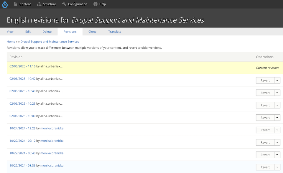 Example with English revisions of content in Drupal.