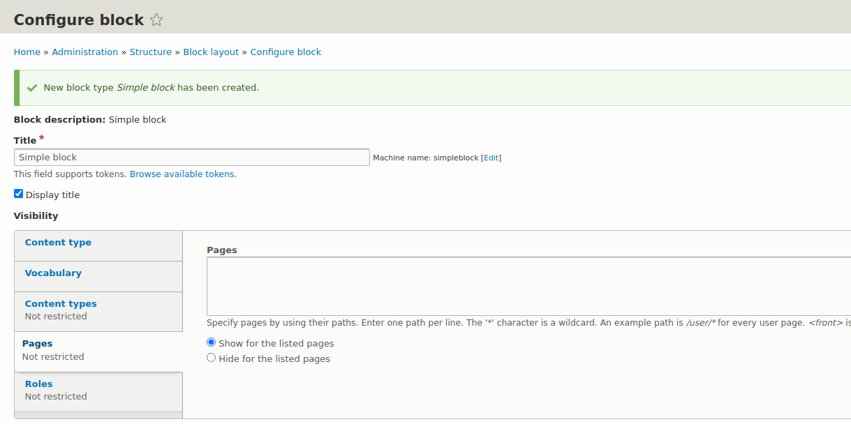 Filling out a block form during a configuration of a new block