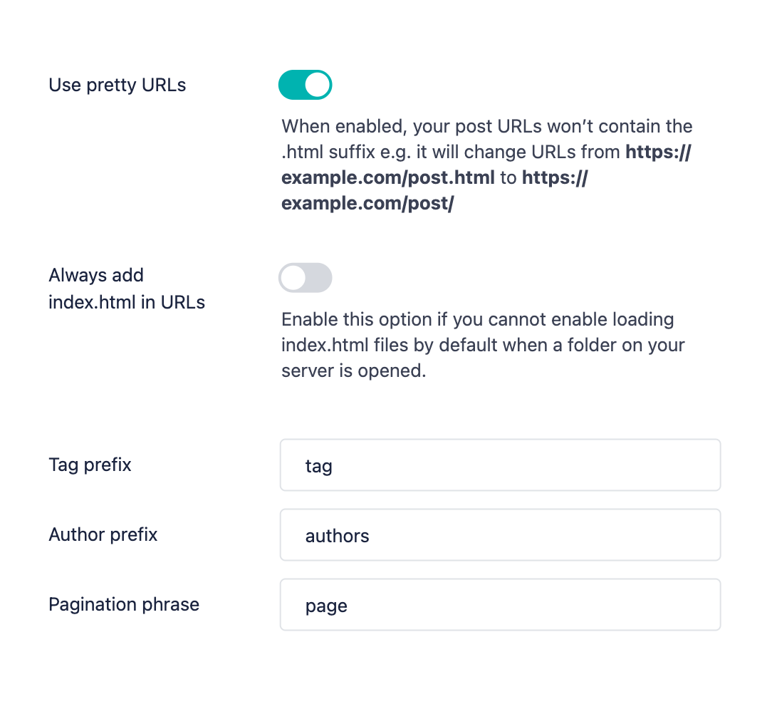 Friendly URLs settings in Publii, an open source website builder