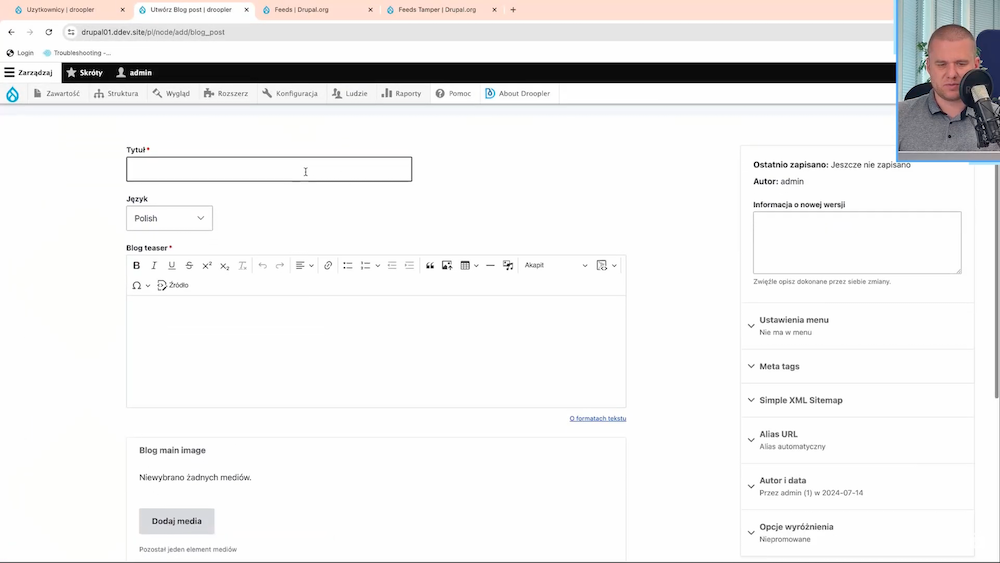 Configuring the Drupal Feeds module for importing blog articles from a CSV file.