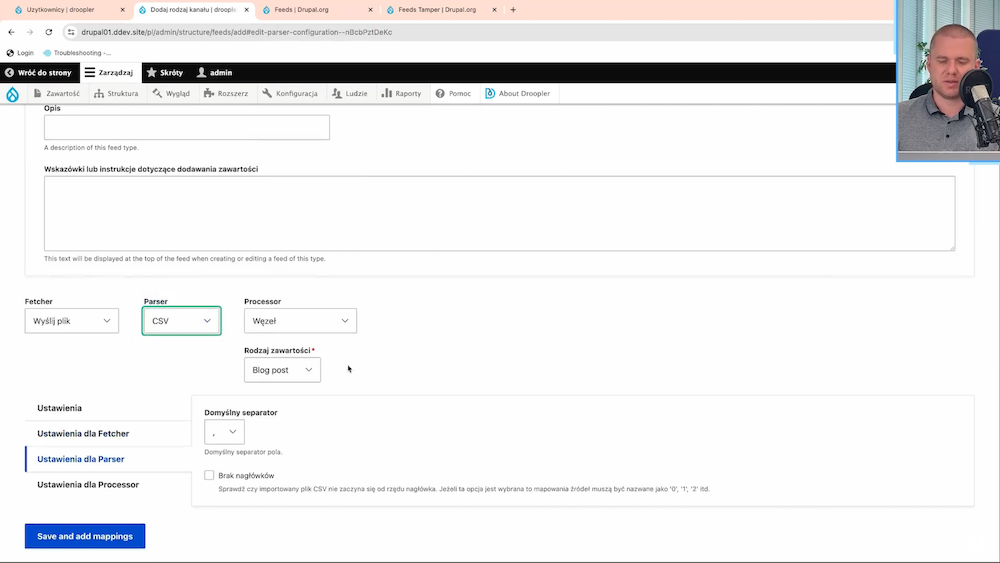 Drupal settings screen, showing the import of articles from a CSV file into the corresponding node.