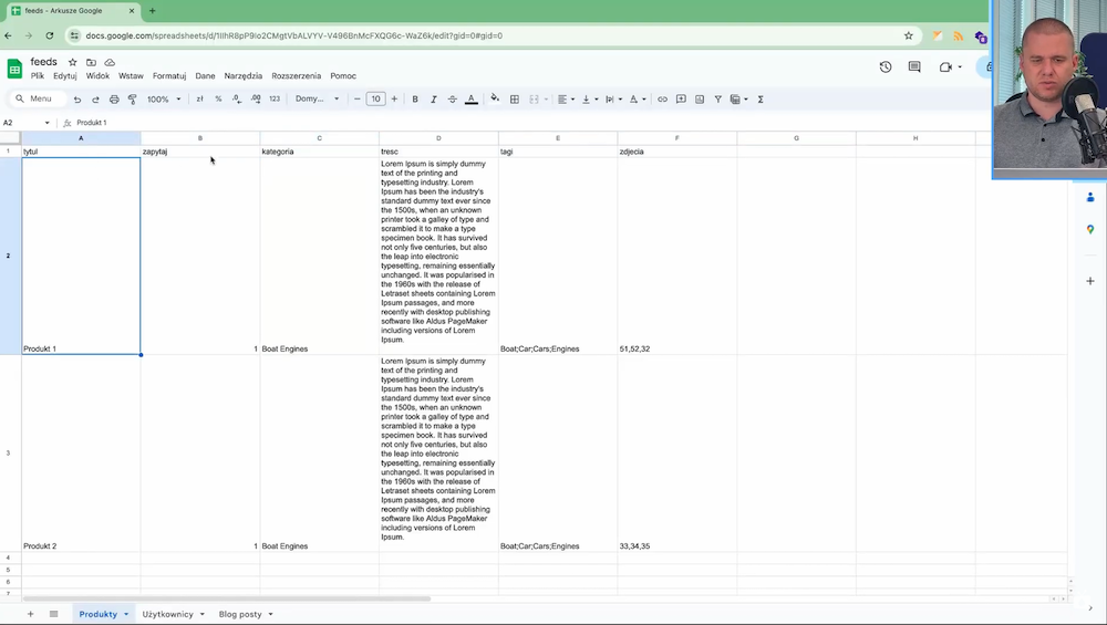 An example of a simple CSV file with products prepared for the data import into Drupal.