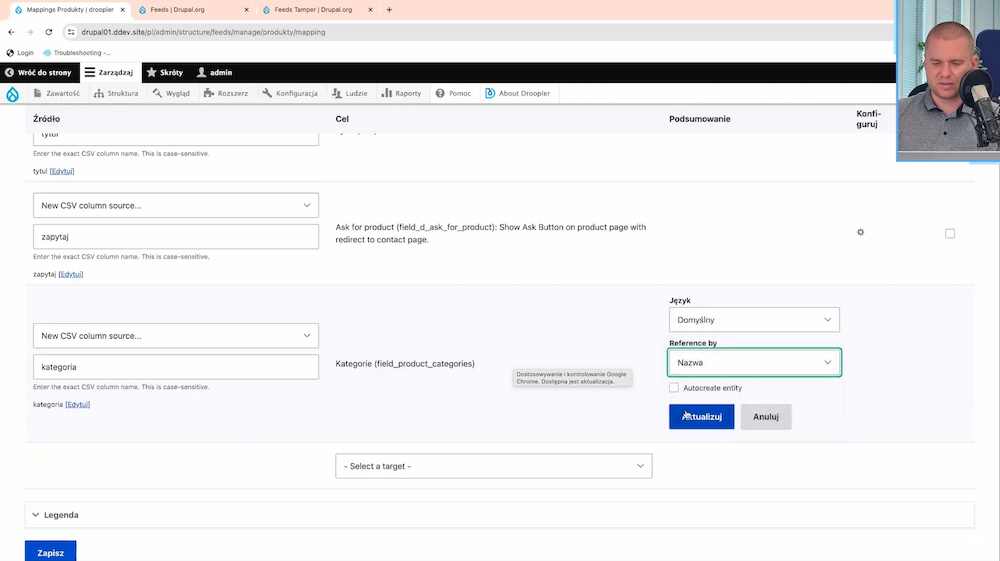 A form in Drupal visible while mapping fields according to a CSV file.