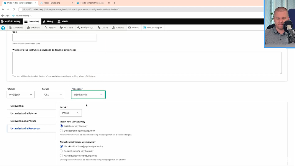 The step of importing user data from a CSV file into Drupal using the Feeds module.