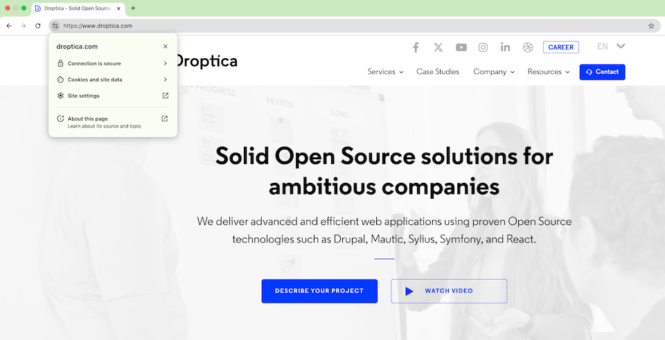 SSL certificate visible on Droptica.com, which guarantees a secure connection between the browser and the server.