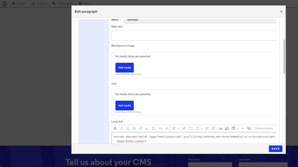 A text editor window in Drupal showing CMS integration with a marketing platform using a contact form as an example.