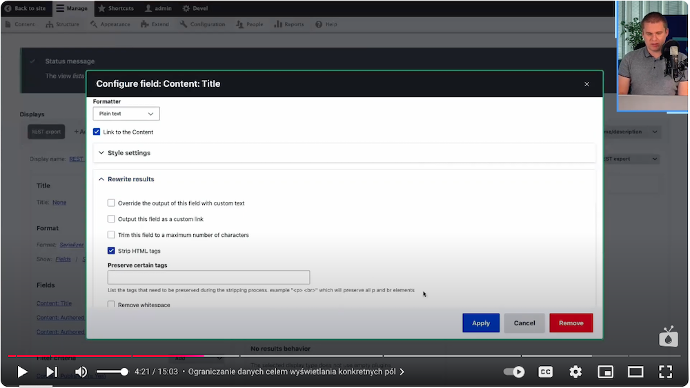 RESTful Web Services, JSON API, and JSON API Extras modules visible in the Drupal 10 panel.