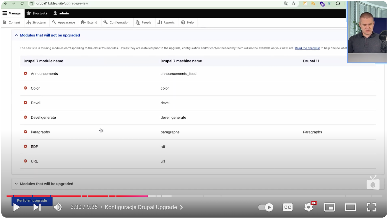 The list of modules in the panel with information about the migration from Drupal 7 to Drupal 11.