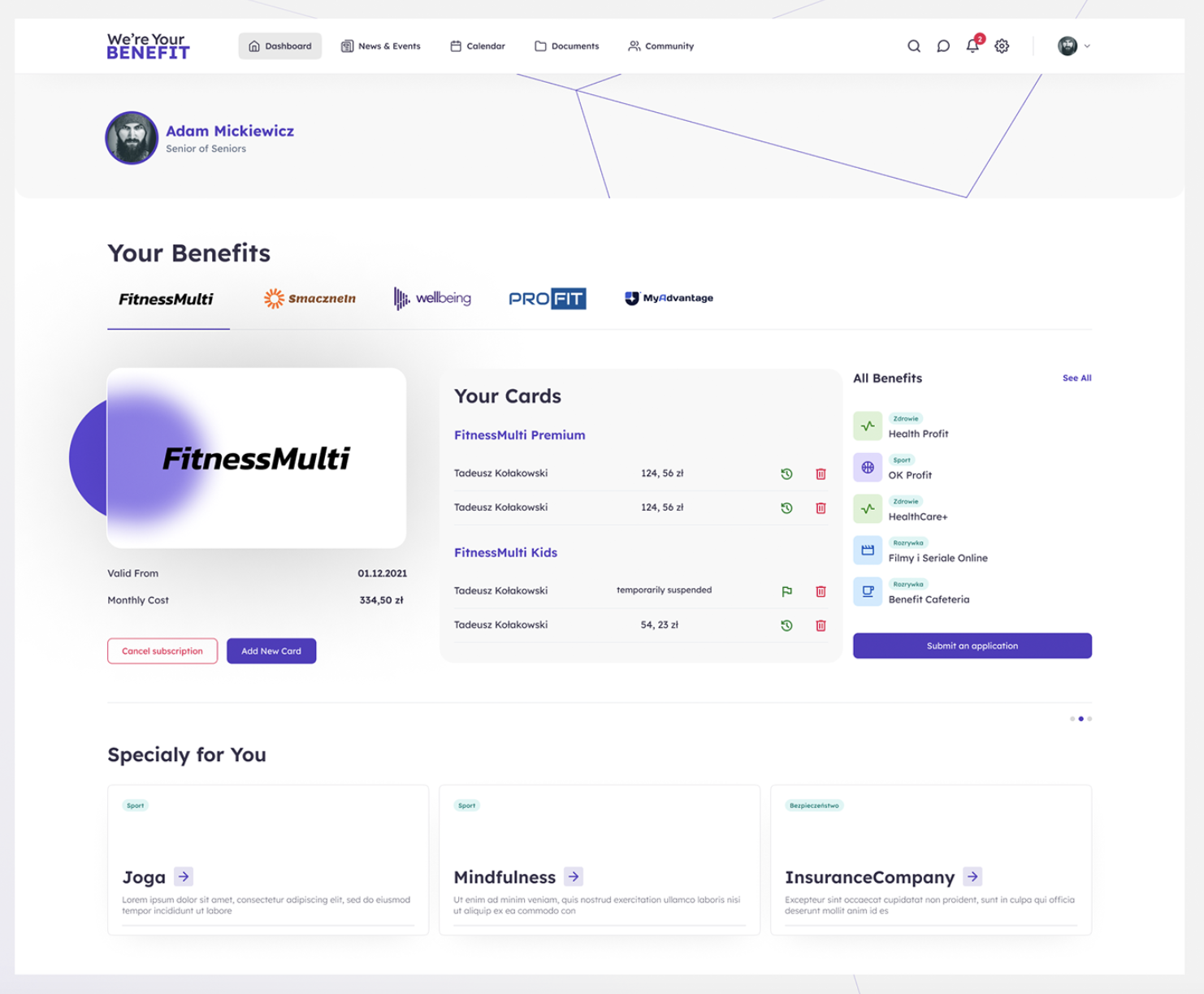 A panel view of an intranet that provides access to benefits such as fitness programs and insurance.