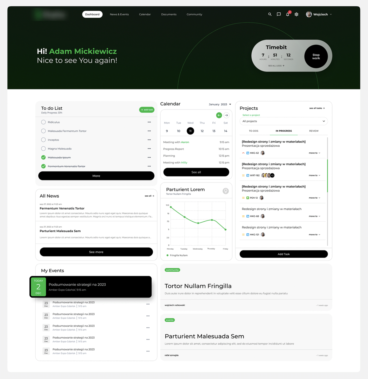 The intranet panel with task checklist, calendar, and project task view designed by Droptica.