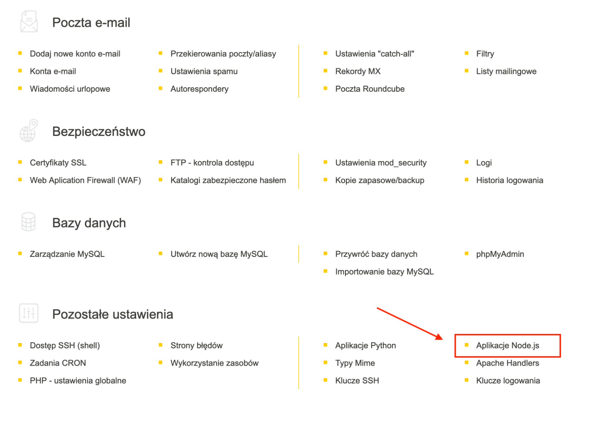 View of the Other Settings section on cyberfolks.pl with the location of Node.js applications