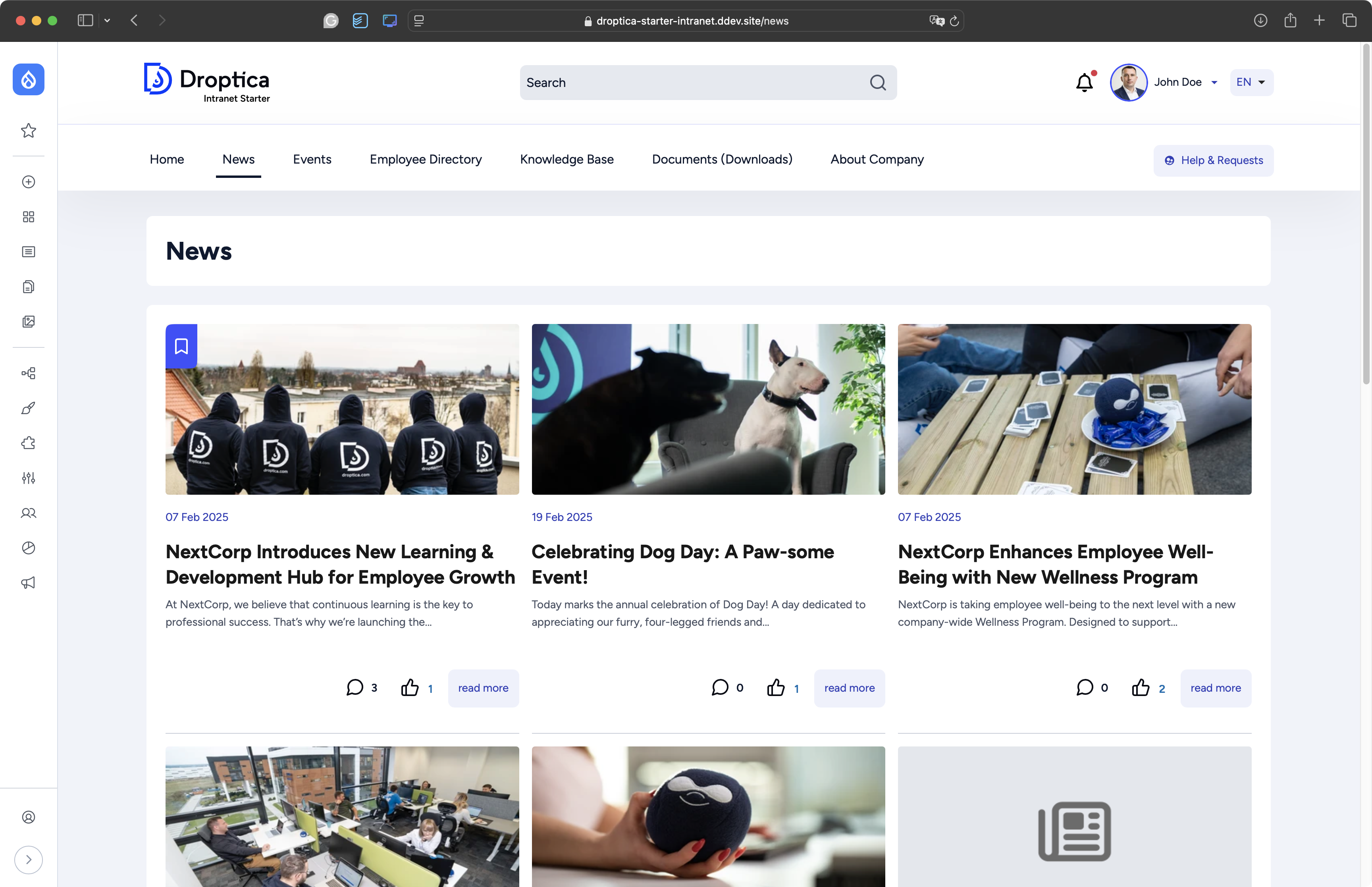 Home page in the Open Intranet open source intranet system