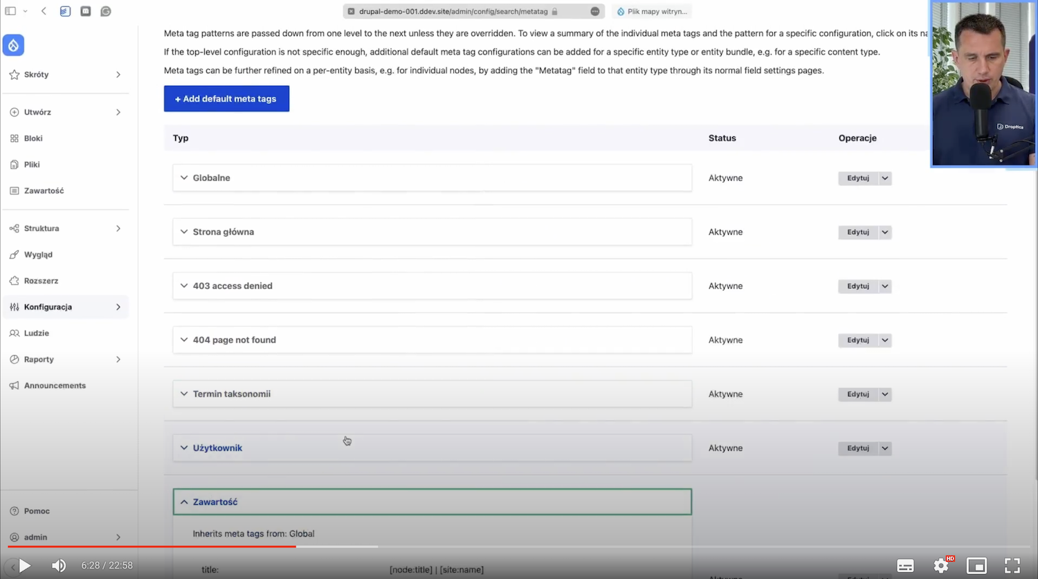 Meta tag settings section in Drupal.