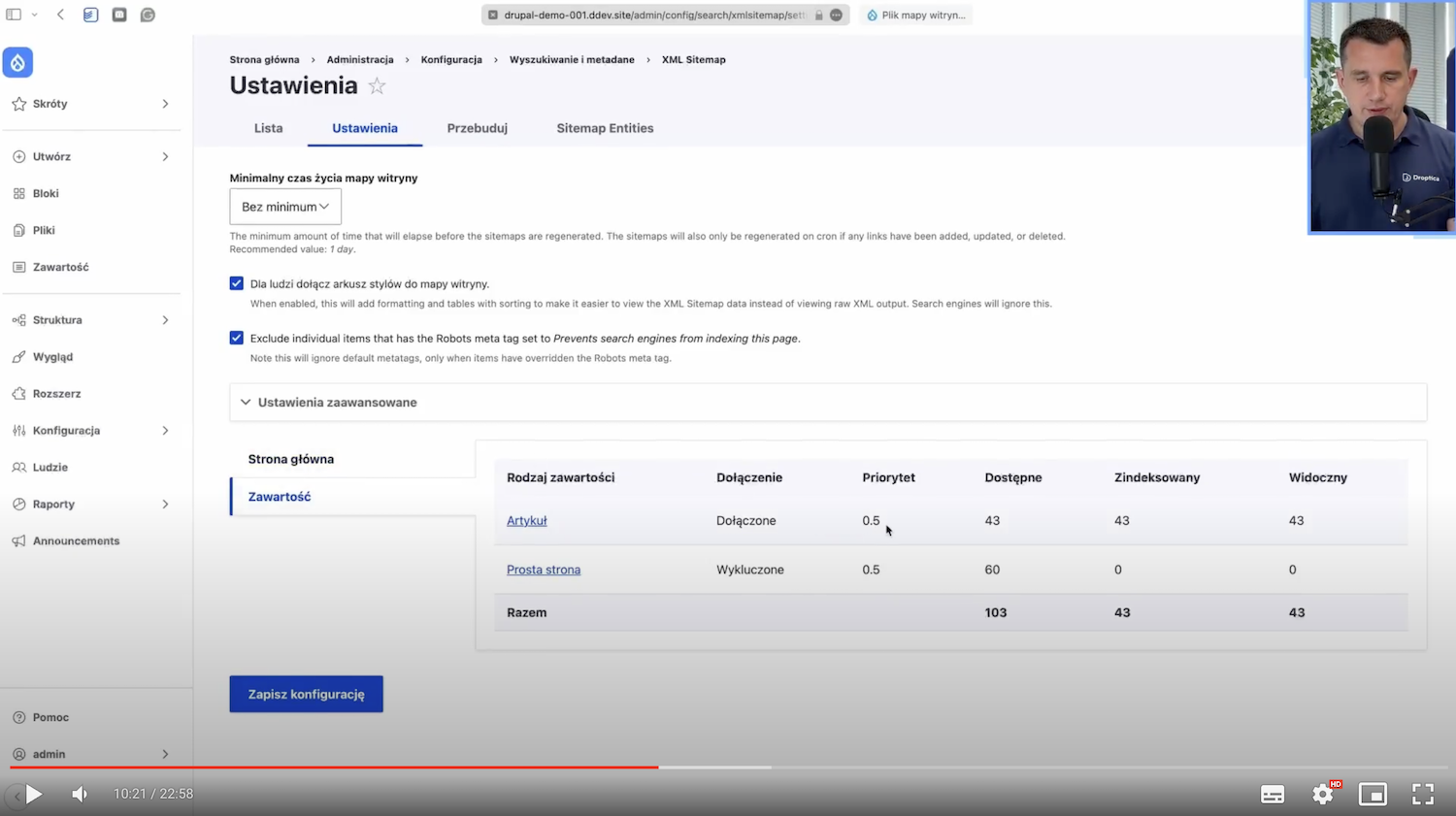 Section with sitemap settings in the editor in Drupal.