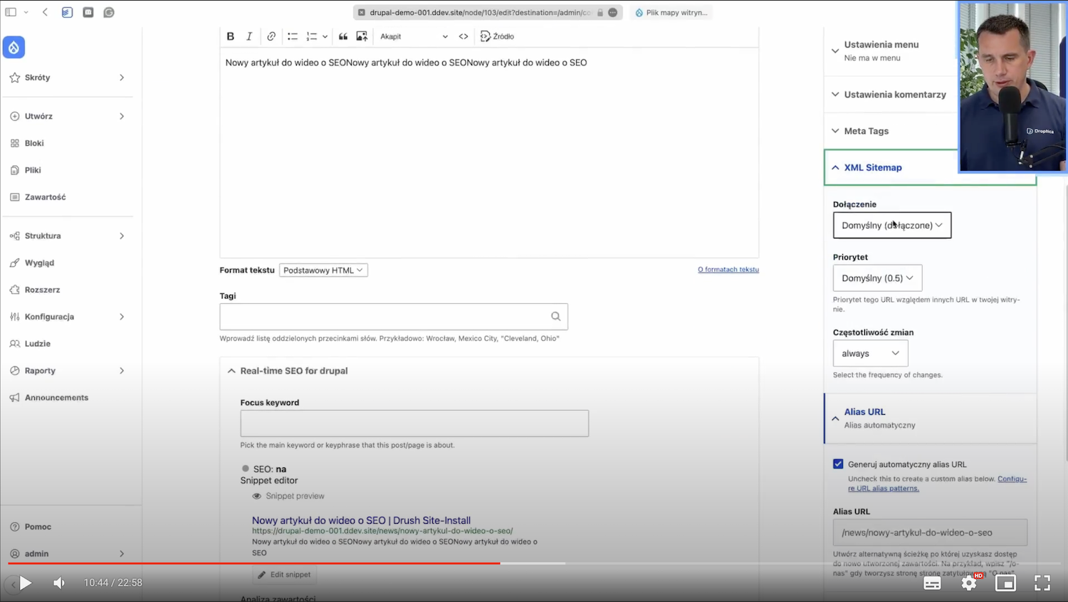 XML Sitemap settings on the content editing page.