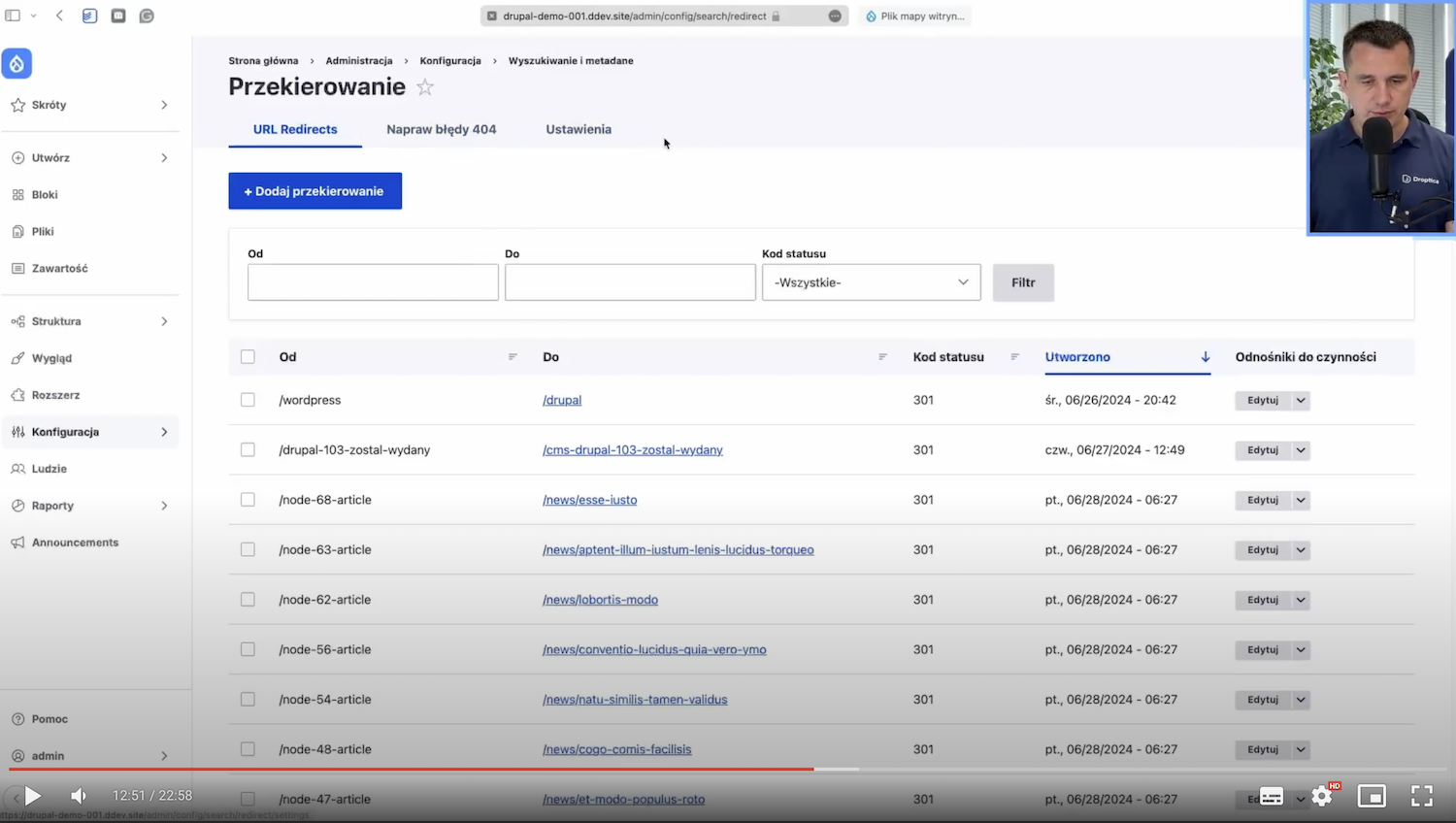 A page with a list of redirects in Drupal.