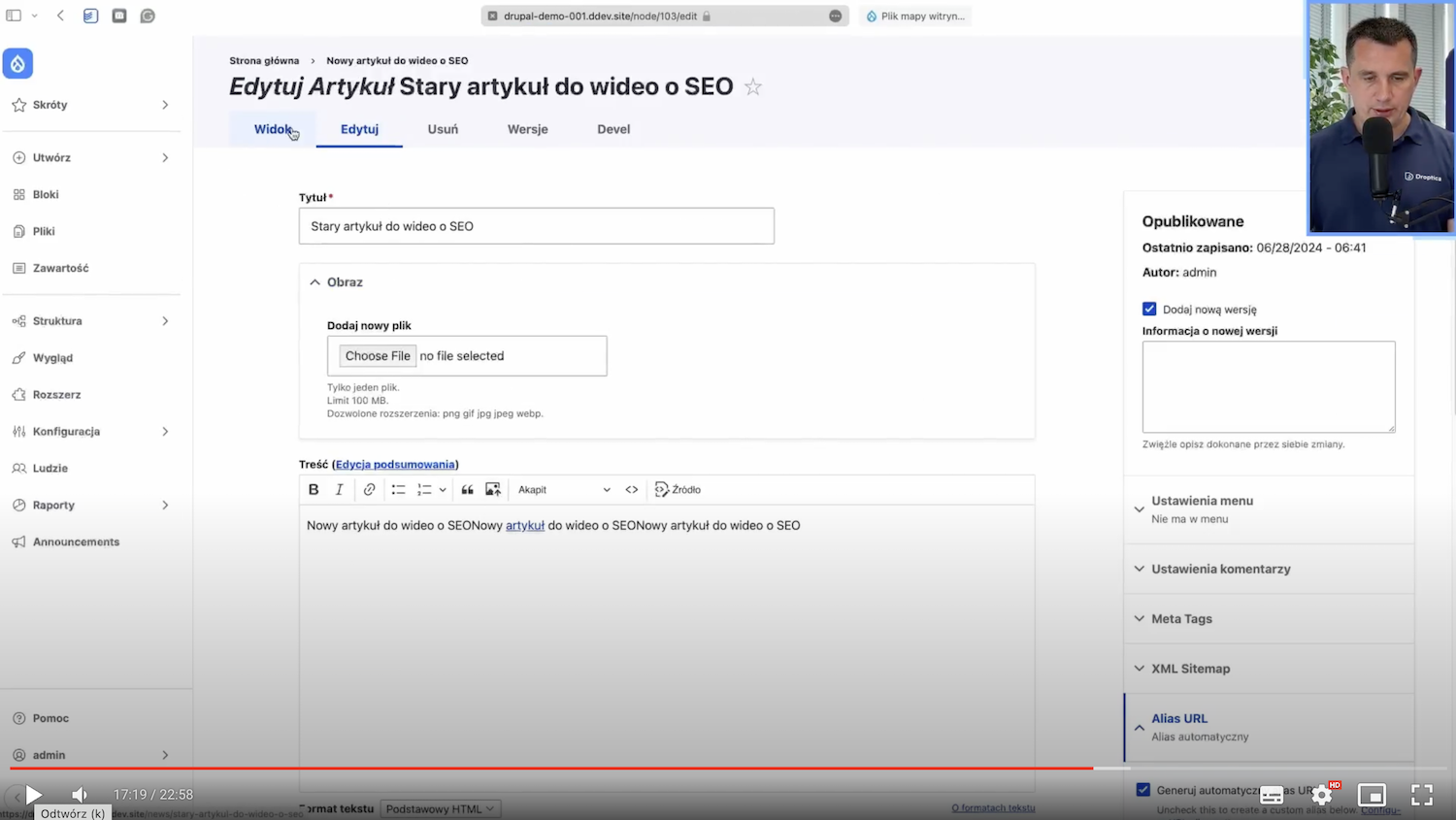 Editing a blog article in the editor in Drupal.