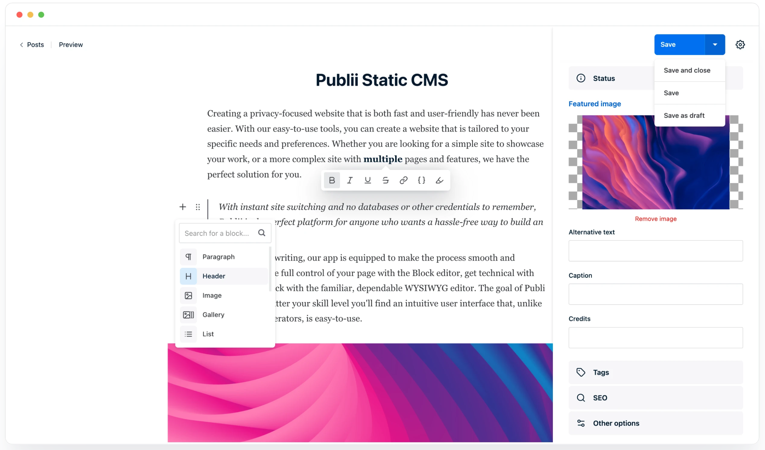 Writing an article in Publii, an open source static site generator