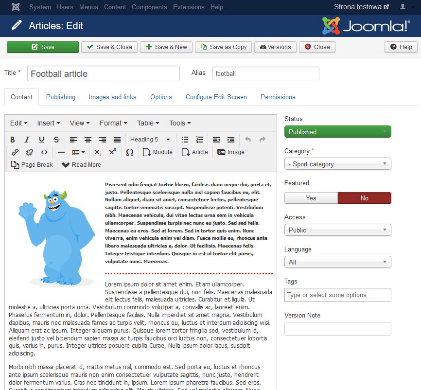 Text editor in Joomla, free and open source website builder