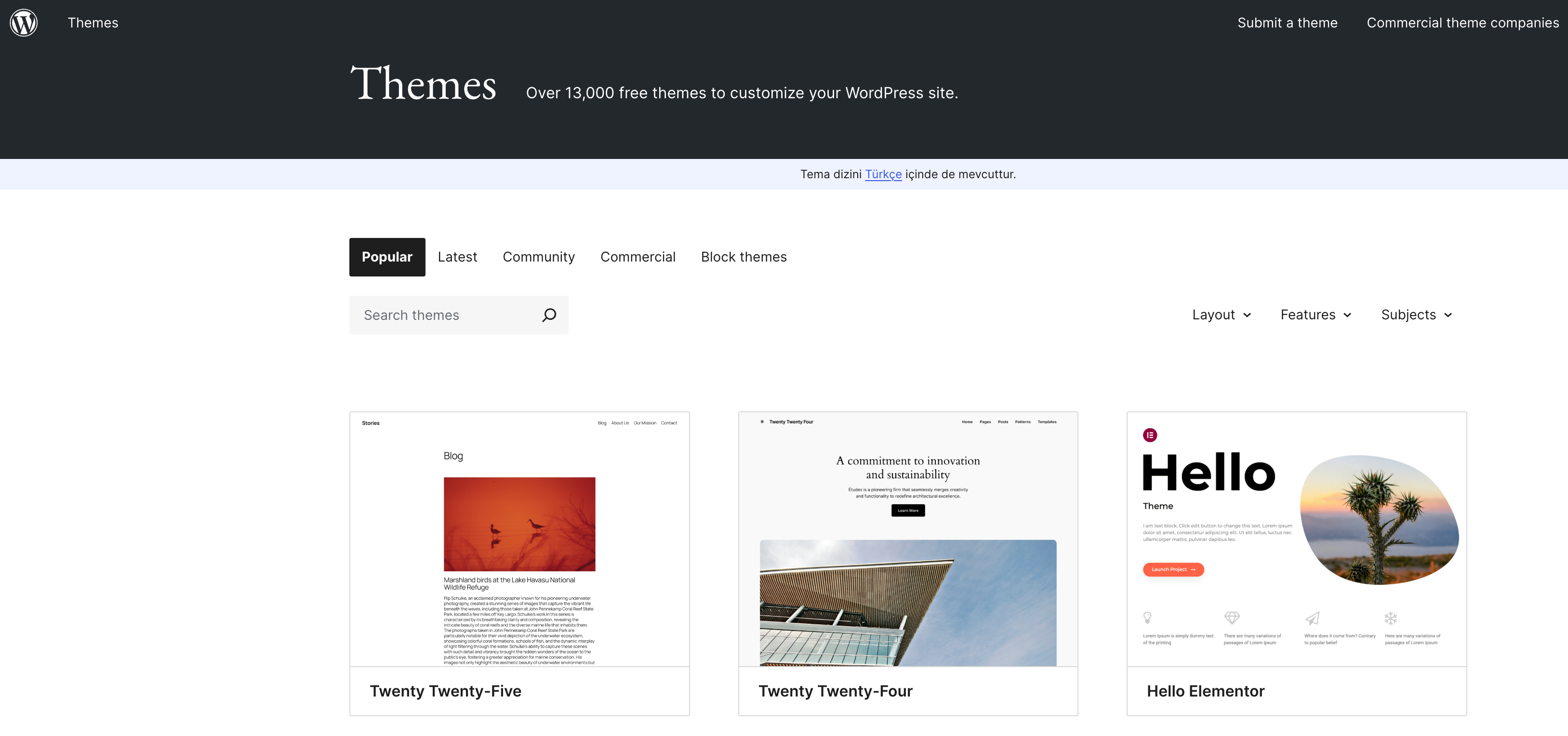 Themes available in WordPress, an open source website builder