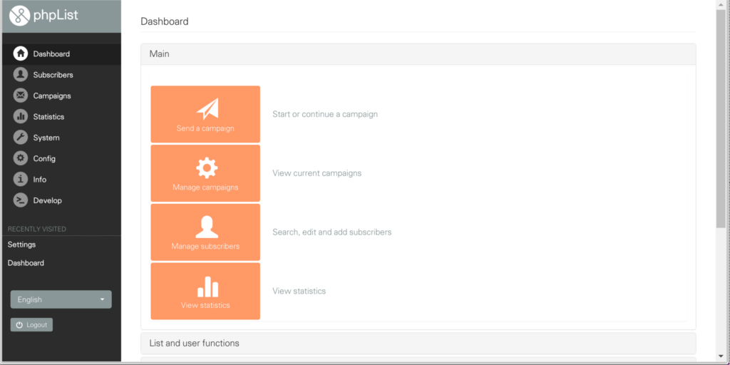 The user panel in phpList, an email marketing tool