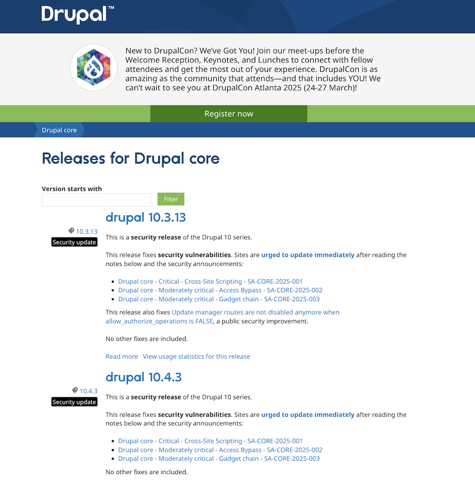 Screenshot of the Drupal.org page that publishes information about the release of security updates.