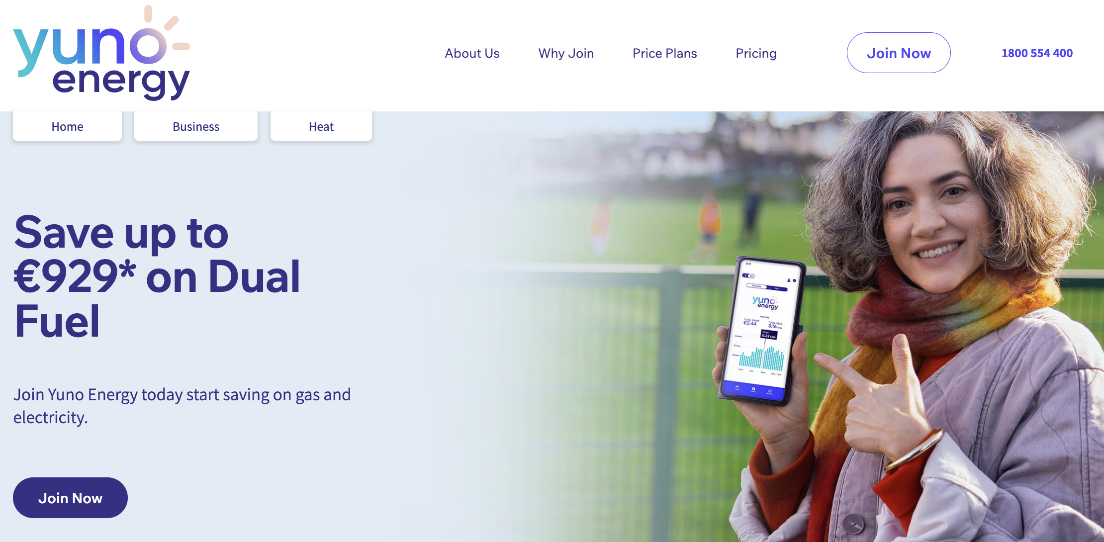 Yuno Energy service page with multi-step Drupal registration form for electricity plans in Ireland