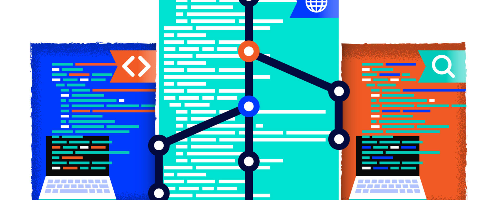 Three rectangles with illegible lines of code that symbolyse different stages of build are linked to main core visible in the rectangle in the middle by lines